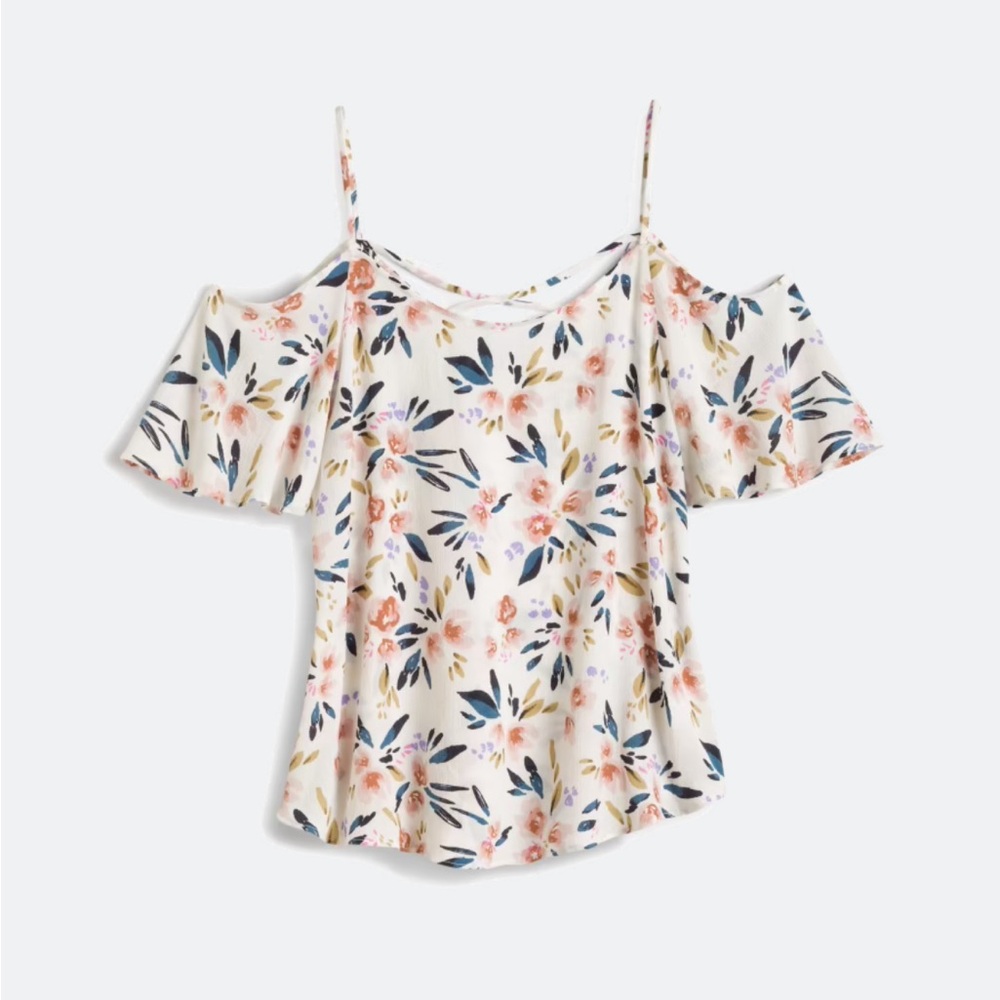 Kaileigh Floral Cold-Shoulder Blouse in Cream, Blue and Pink